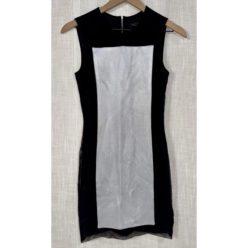 Rag & Bone Women's Sz 0 Black Silver Mesh Sleeveless Shift Dress Colorblock